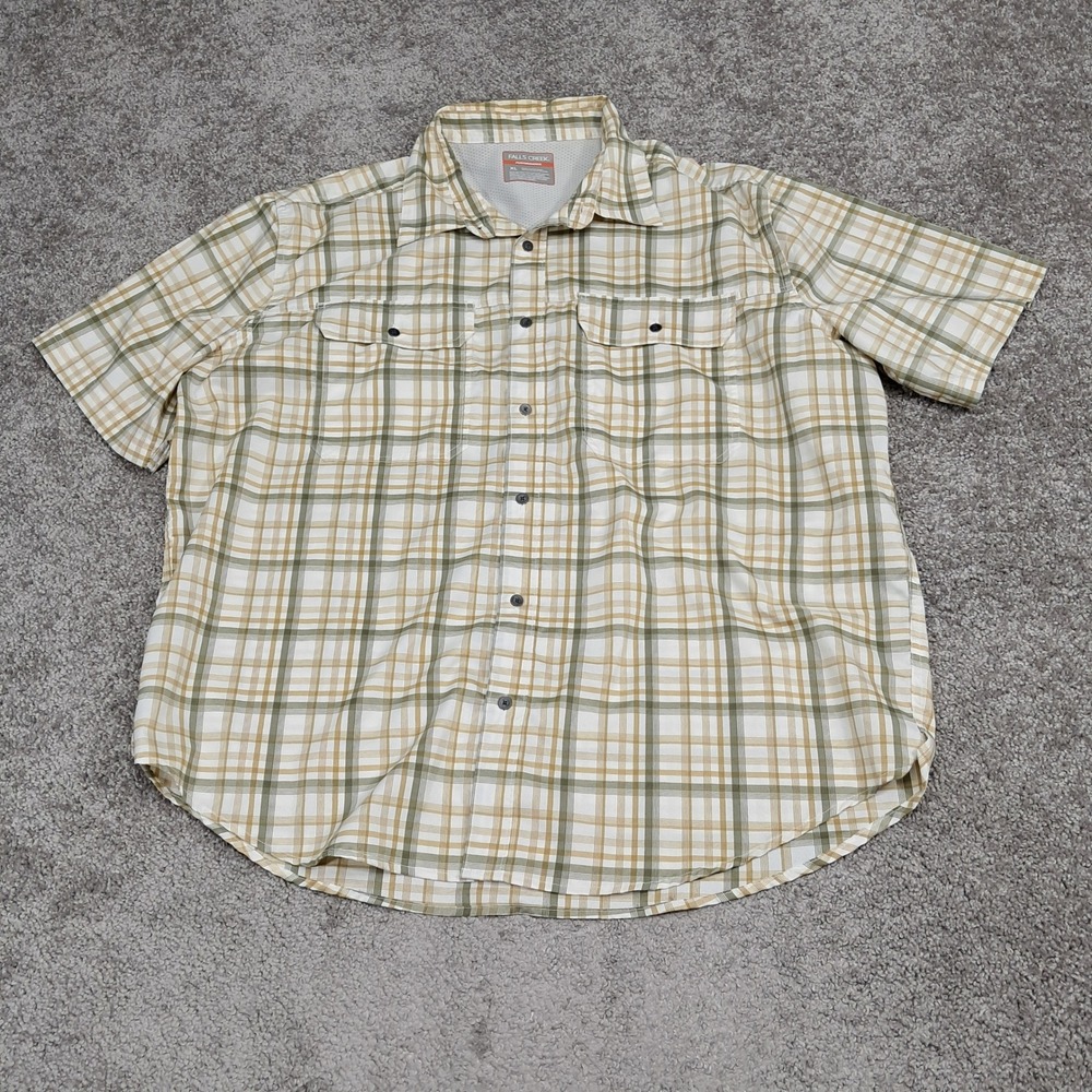 Falls Creek‎ Mens Performance Plaid Short Sleeve Button Down Shirt Green Tan XL